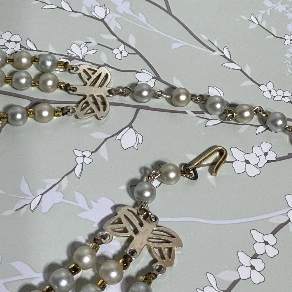 VTG Necklace Multi-Strand Signed JAPAN Gold Tone Faux Pearl Shepherd Hook Estate